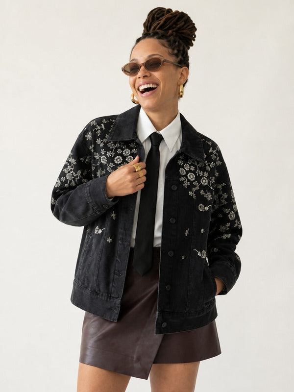 Worthy Embroidered Floral Denim Jacket-0