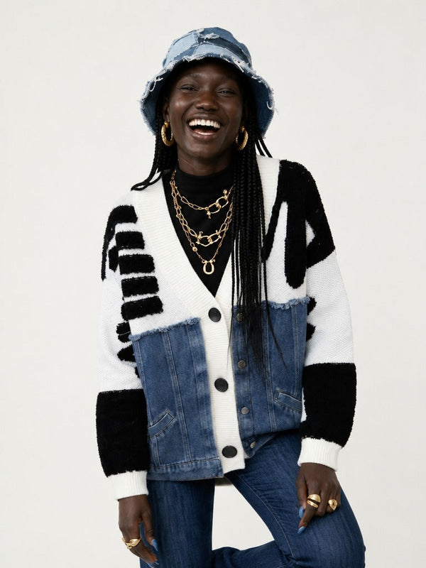 Unique Denim Patchwork Knit Cardigan-0
