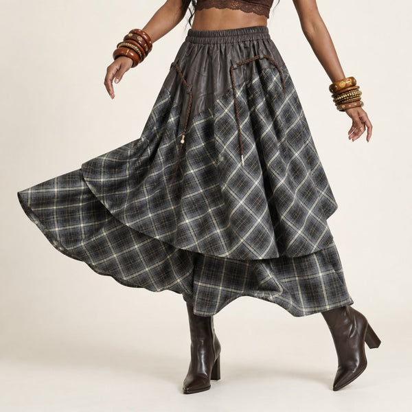 Wanderlust Patchwork Plaid Maxi Skirt-0