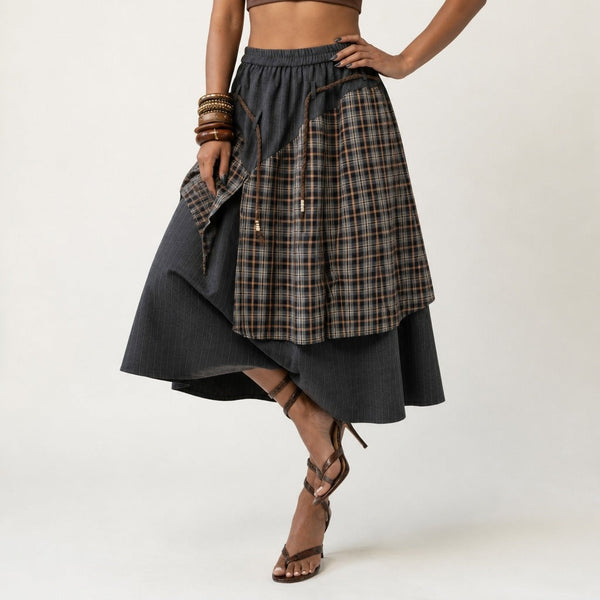 Grounded Plaid Patchwork Maxi Skirt-0