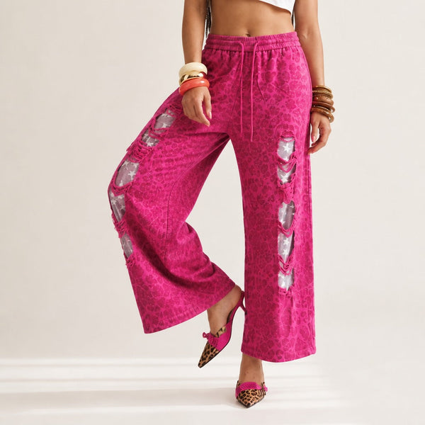 Daring Leopard Ripped Wide Leg Trousers-0