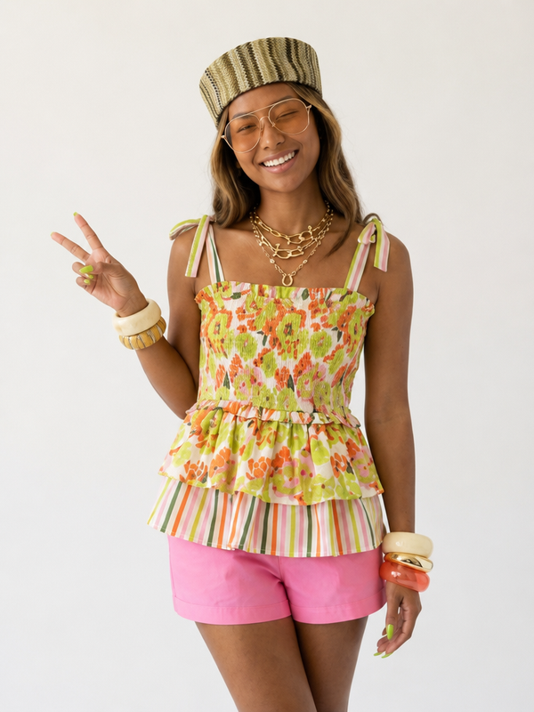 Vibrant Floral Ruffled Smocked Cami-0