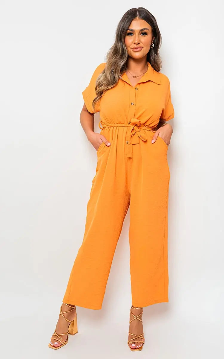 Casual Tie Waist Short Sleeve Jumpsuit-2