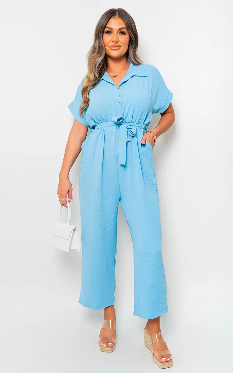 Casual Tie Waist Short Sleeve Jumpsuit-4