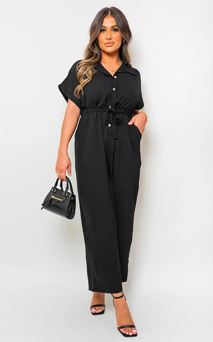 Casual Tie Waist Short Sleeve Jumpsuit-17