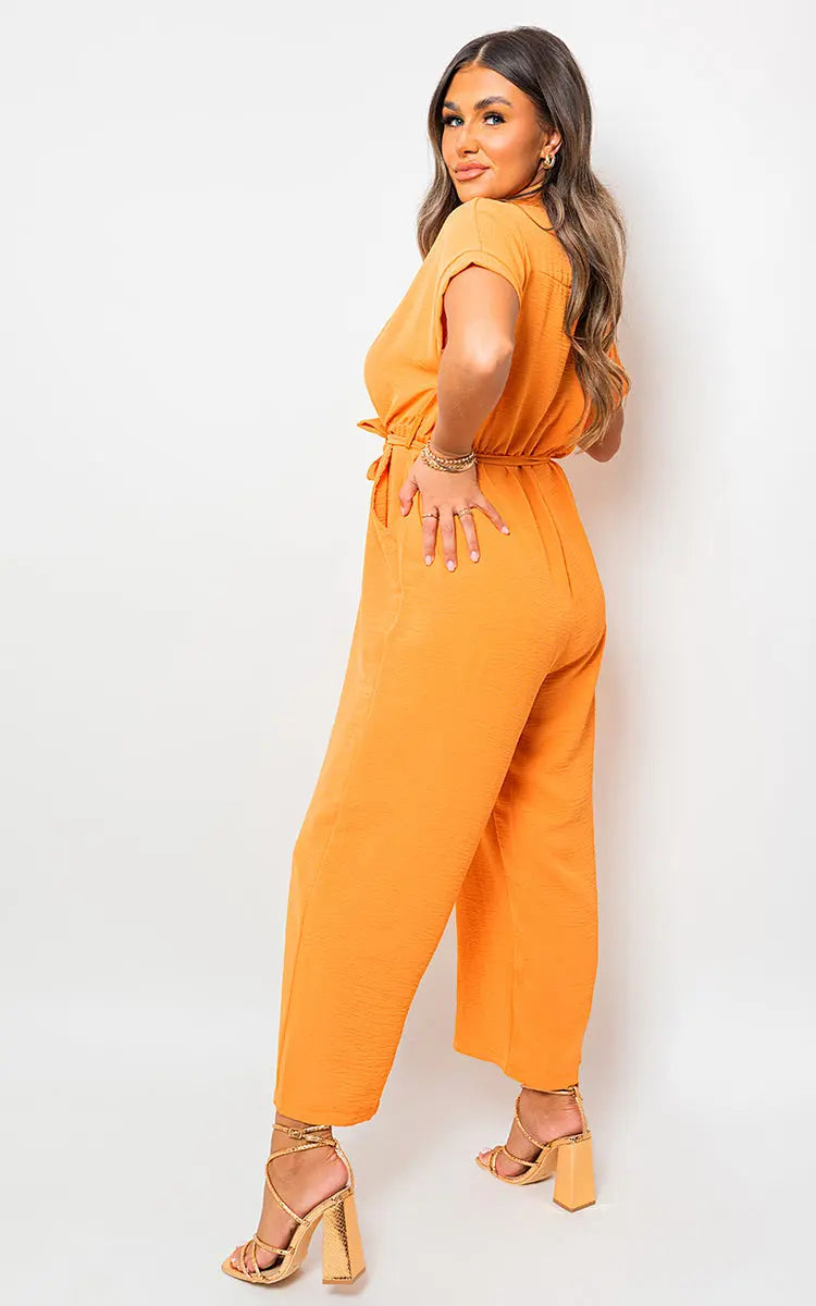 Casual Tie Waist Short Sleeve Jumpsuit - Memoriex 