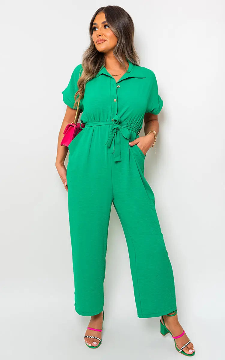 Casual Tie Waist Short Sleeve Jumpsuit - Memoriex 