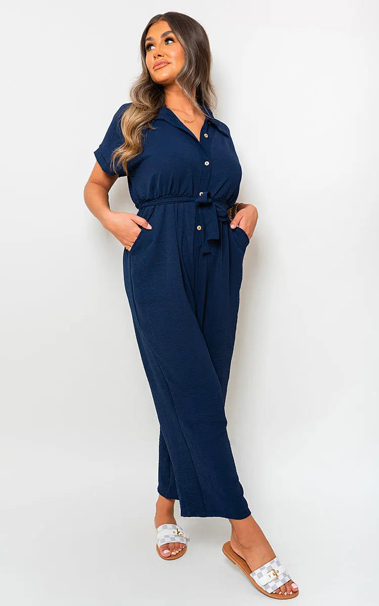 Casual Tie Waist Short Sleeve Jumpsuit - Memoriex 