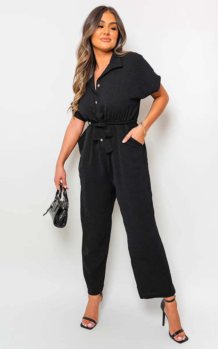 Casual Tie Waist Short Sleeve Jumpsuit - Memoriex 