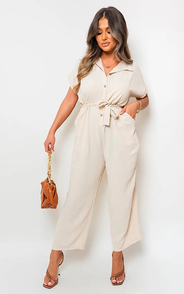 Casual Tie Waist Short Sleeve Jumpsuit - Memoriex 