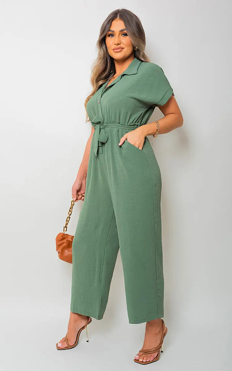 Casual Tie Waist Short Sleeve Jumpsuit - Memoriex 