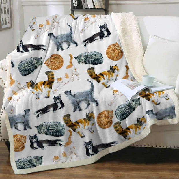 Cat Sherpa Blanket Animal Pattern Printing Double Layer Children - Memoriex 
