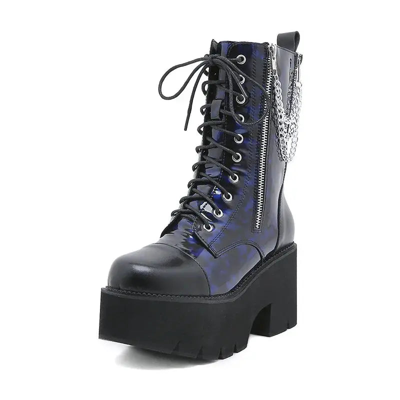 Cerulean Chain Blue PVC Zip Lace-up mid-calf Platform Boot-0