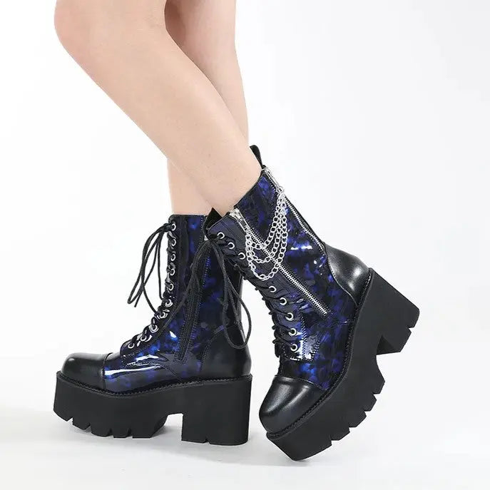 Cerulean Chain Blue PVC Zip Lace-up mid-calf Platform Boot-1