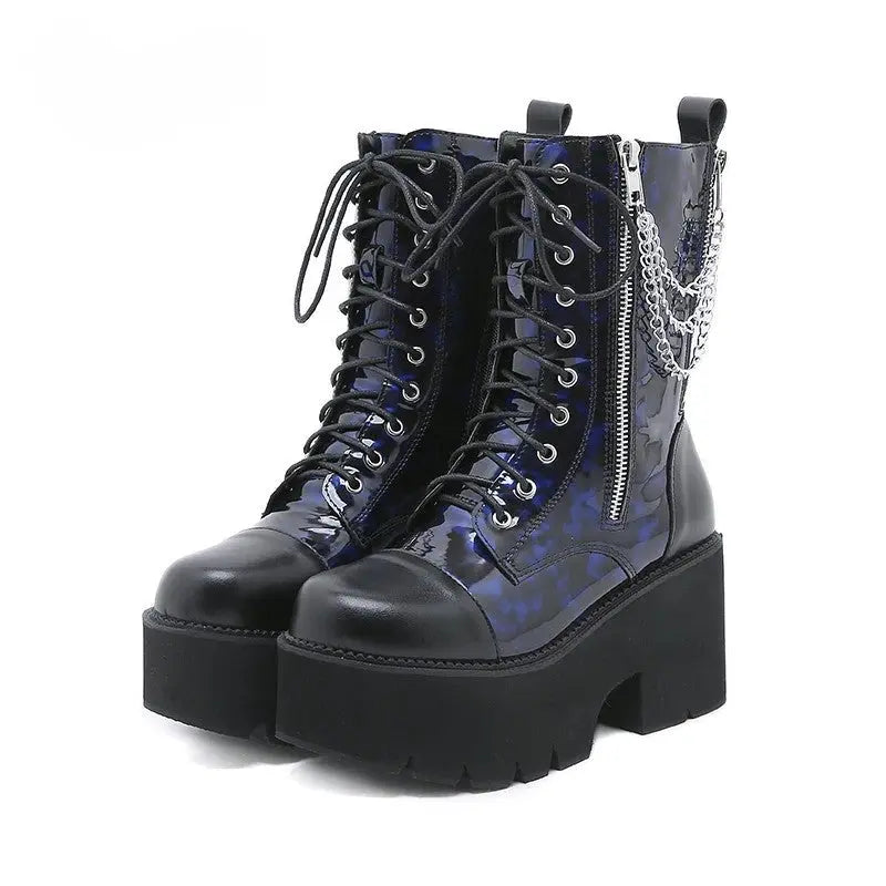 Cerulean Chain Blue PVC Zip Lace-up mid-calf Platform Boot-3