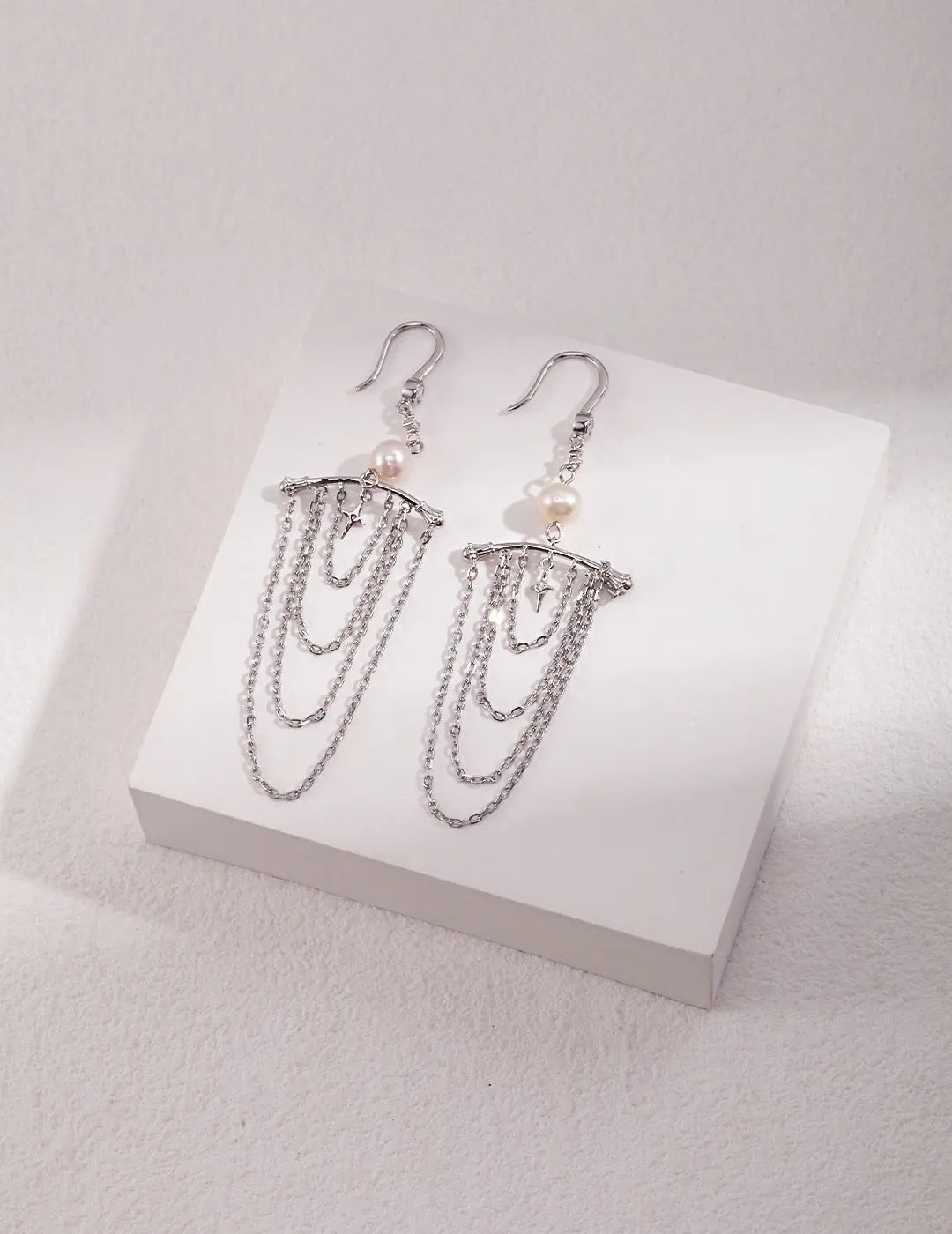 Chain Tassel Pearl Earrings-2