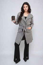 Check Print Full Sleeve Notched Lapel Collar Neck Belted Coat - Memoriex 