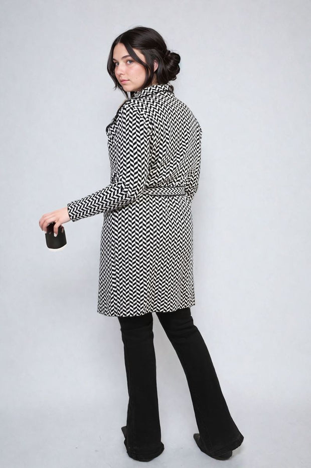 Check Print Full Sleeve Notched Lapel Collar Neck Belted Coat - Memoriex 