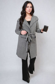 Check Print Full Sleeve Notched Lapel Collar Neck Belted Coat - Memoriex 