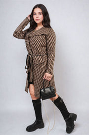 Check Print Full Sleeve Notched Lapel Collar Neck Belted Coat - Memoriex 