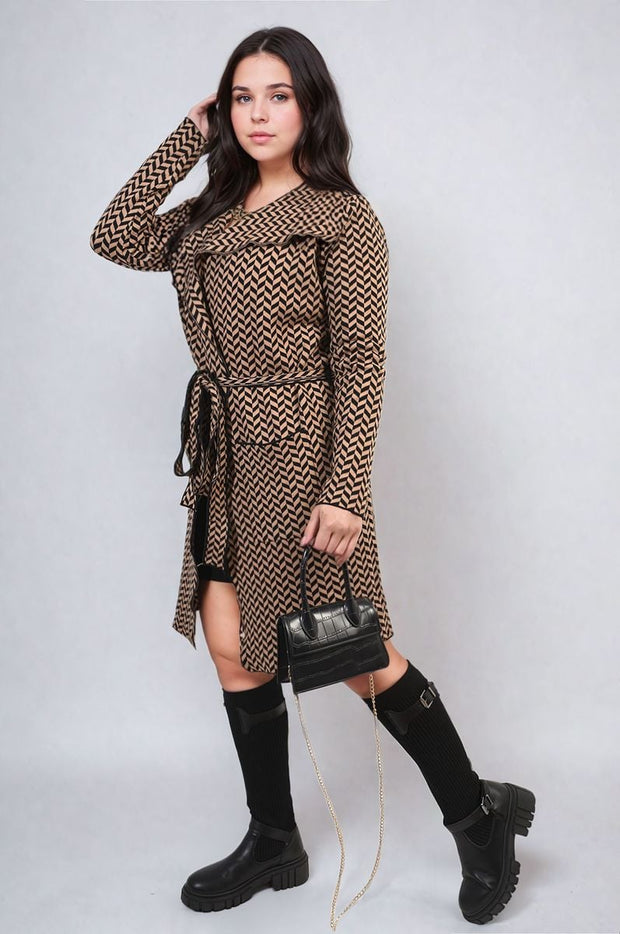 Check Print Full Sleeve Notched Lapel Collar Neck Belted Coat - Memoriex 