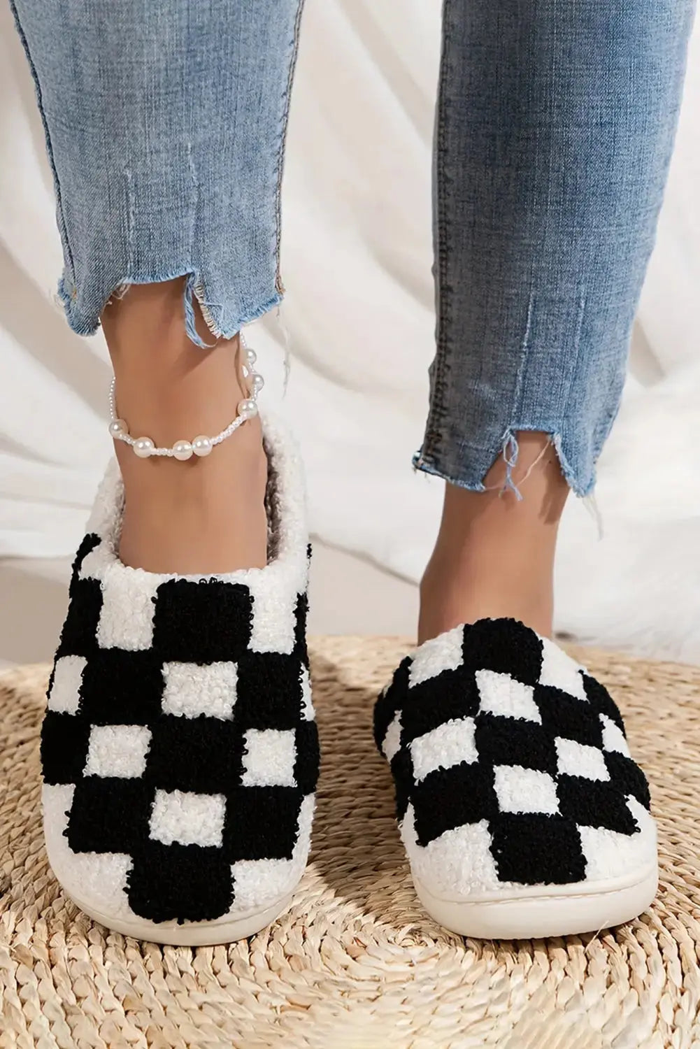 Checkered Fuzzy Winter Slippers-1