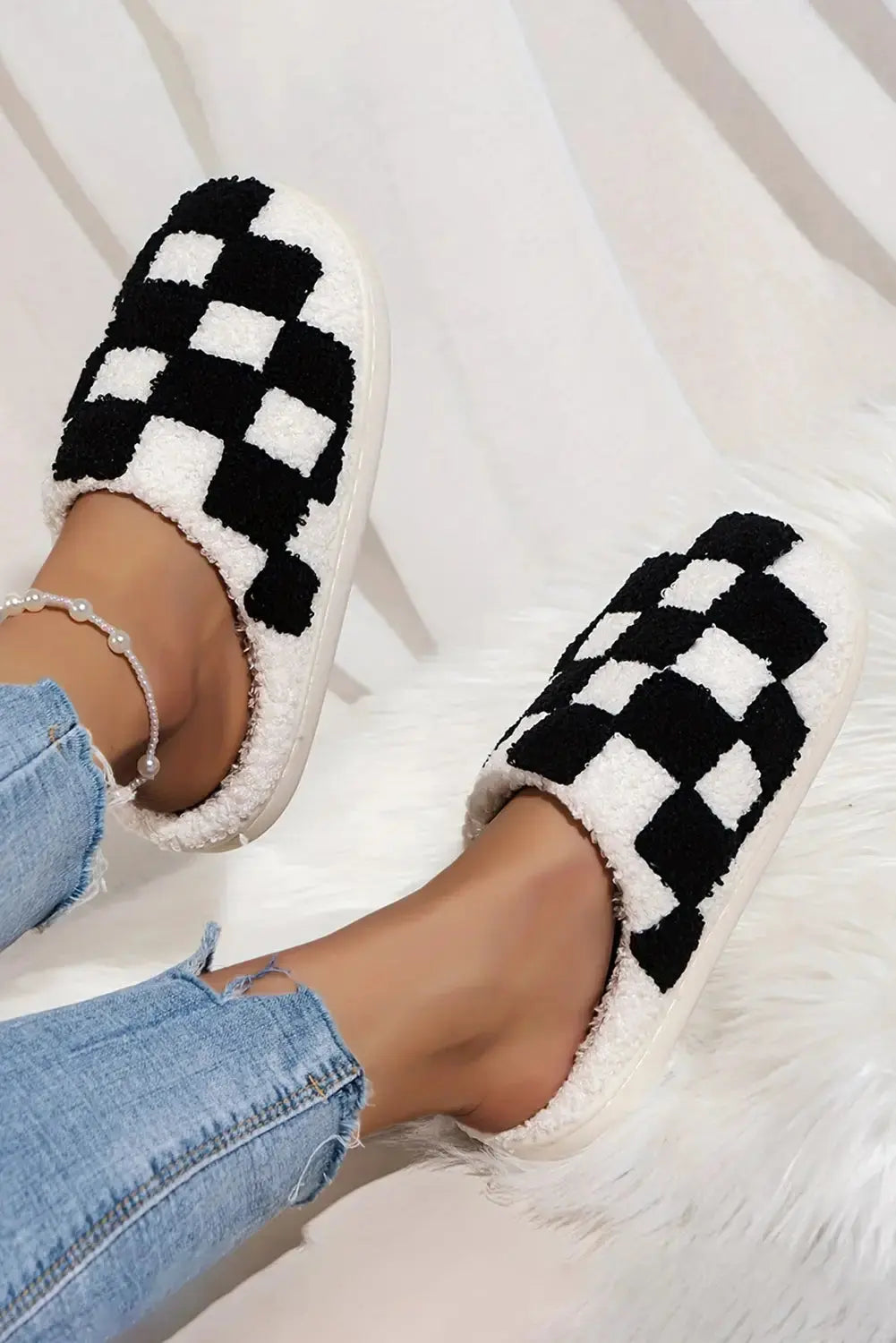 Checkered Fuzzy Winter Slippers-3