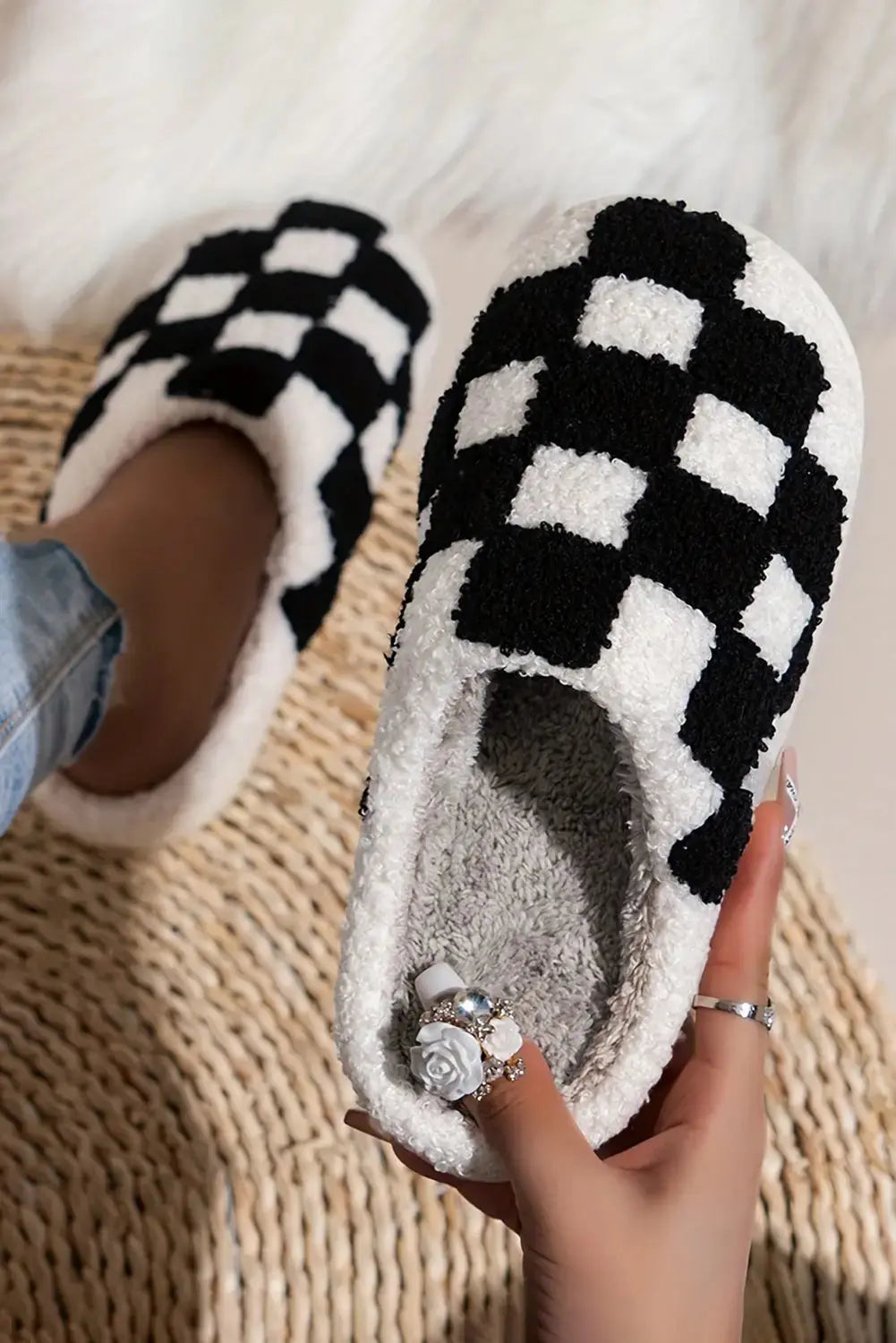 Checkered Fuzzy Winter Slippers-4