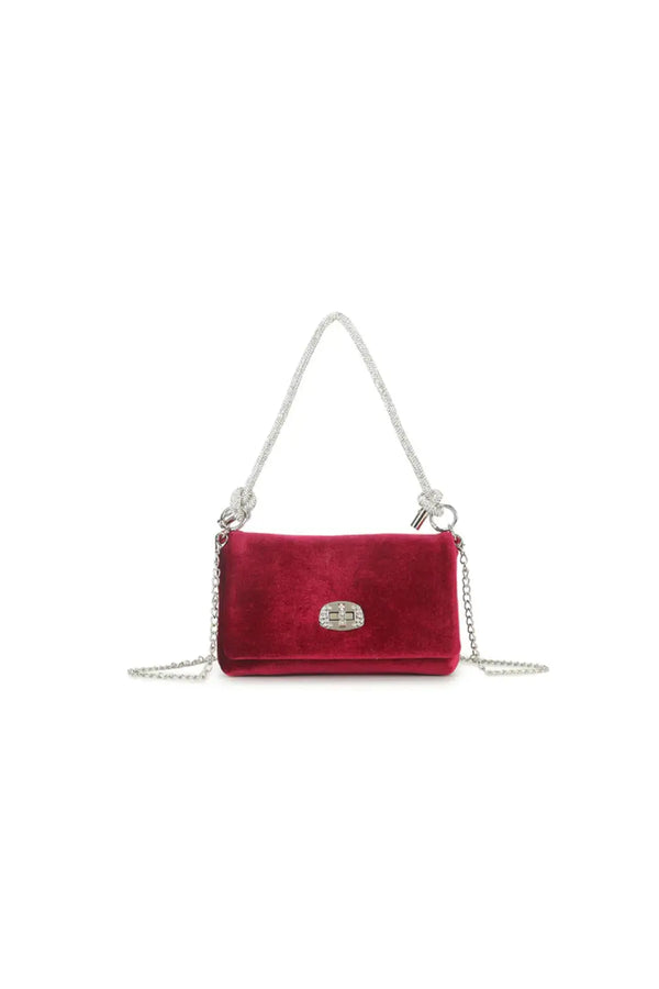 Cherry Red Velvet Small Evening Bag with Silver Knot Handle-0