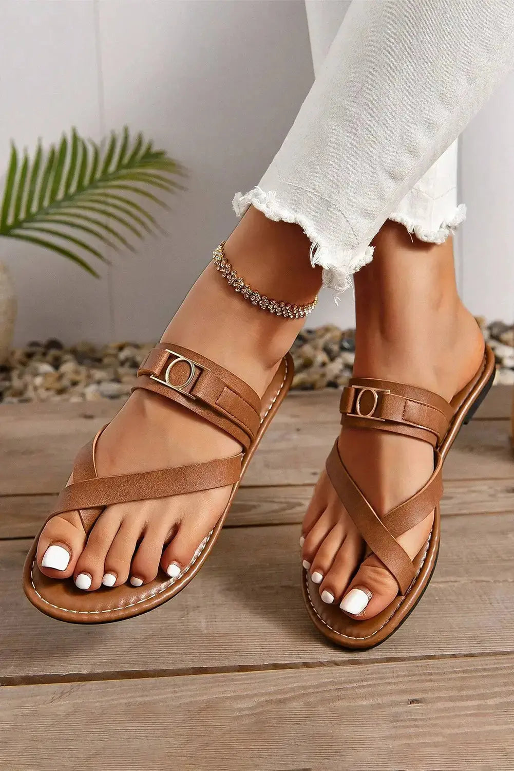 Chestnut Cross Toe Flat Slippers-5