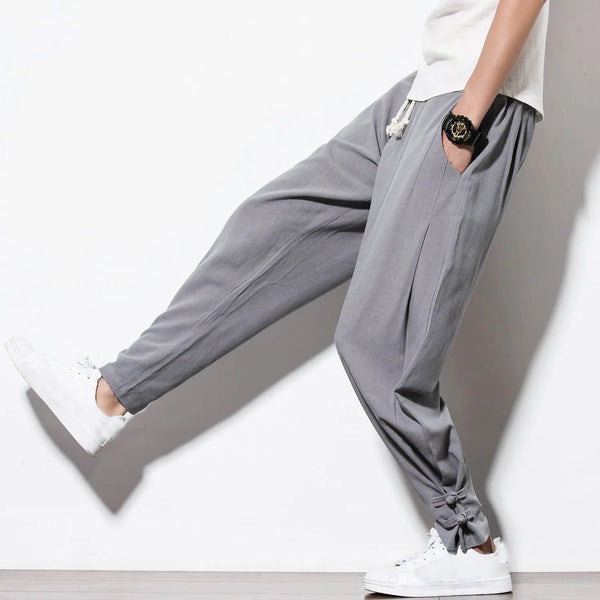 Chinese style spring and summer cotton linen buttoned pants for men, loose fit oversized Harlan pants for men - Memoriex 