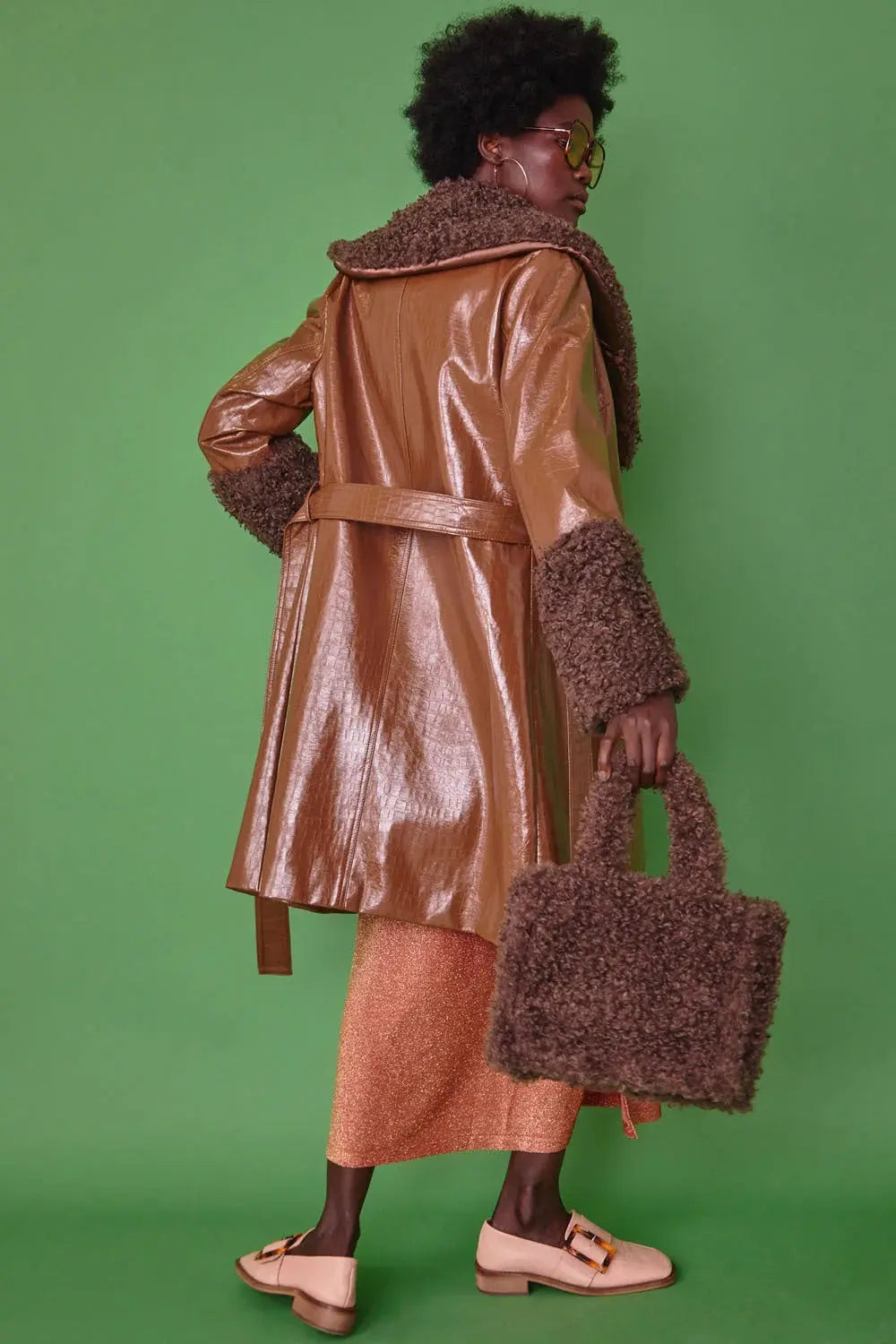 Chocolate Faux Leather Trench Coat with Faux Shearling Collar and Cuffs-3