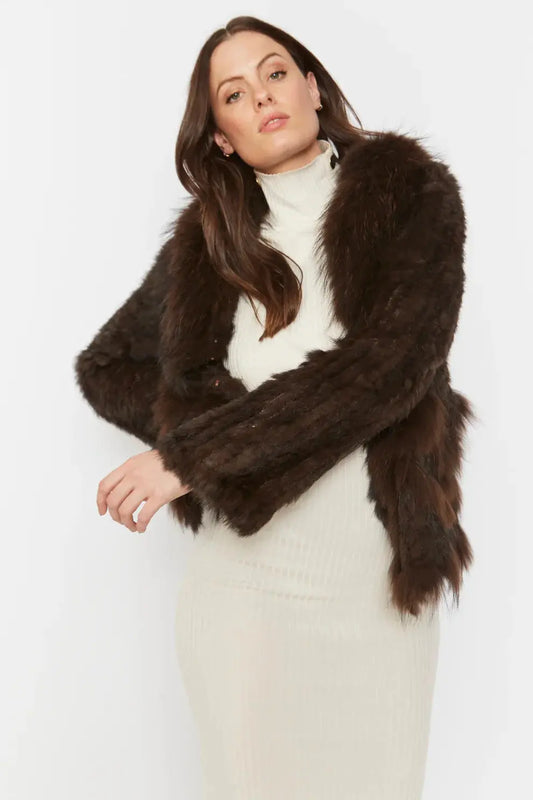 Chocolate Scalloped Coney Fur Jacket With Fox Fur Collar-0