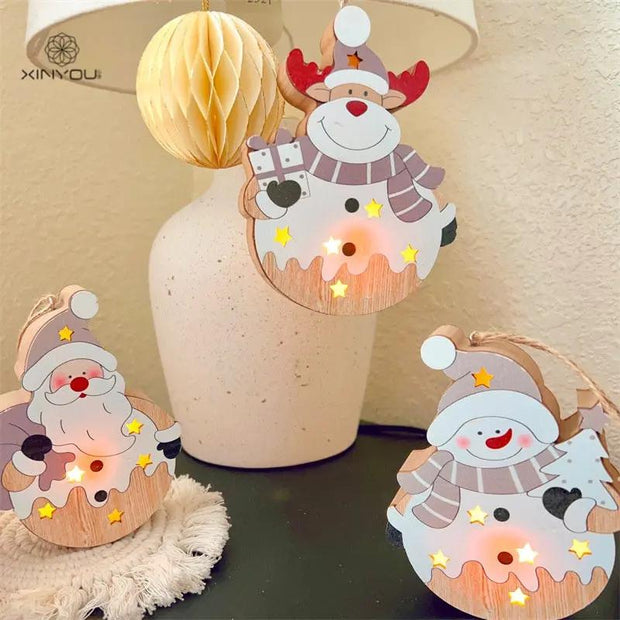 Christmas Nordic Style Decorations | Window Display Santa Claus Snowman Glowing Wooden Hanging Ornament 2 of them - Memoriex 