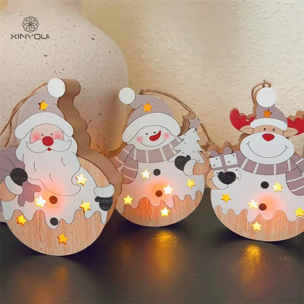 Christmas Nordic Style Decorations | Window Display Santa Claus Snowman Glowing Wooden Hanging Ornament 2 of them - Memoriex 