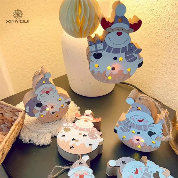 Christmas Nordic Style Decorations | Window Display Santa Claus Snowman Glowing Wooden Hanging Ornament 2 of them - Memoriex 