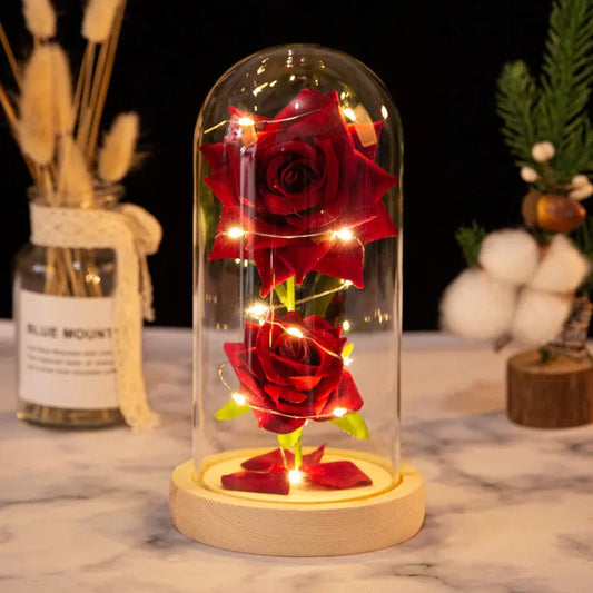 Christmas Valentine's Day Birthday Gift Two Roses Glass Cover Ornament LED Light Simulation Immortal Flower - Memoriex 