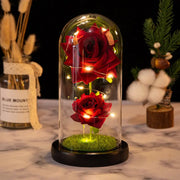 Christmas Valentine's Day Birthday Gift Two Roses Glass Cover Ornament LED Light Simulation Immortal Flower - Memoriex 