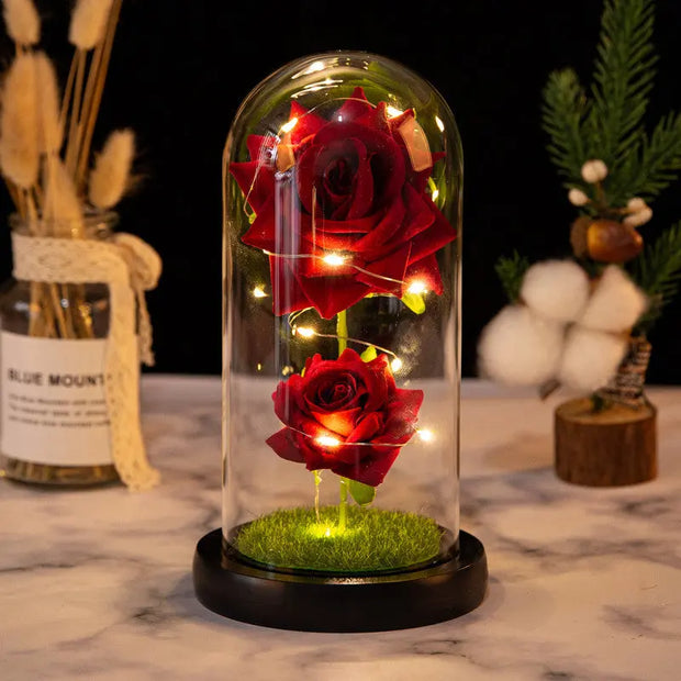 Christmas Valentine's Day Birthday Gift Two Roses Glass Cover Ornament LED Light Simulation Immortal Flower - Memoriex 