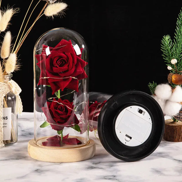 Christmas Valentine's Day Birthday Gift Two Roses Glass Cover Ornament LED Light Simulation Immortal Flower - Memoriex 