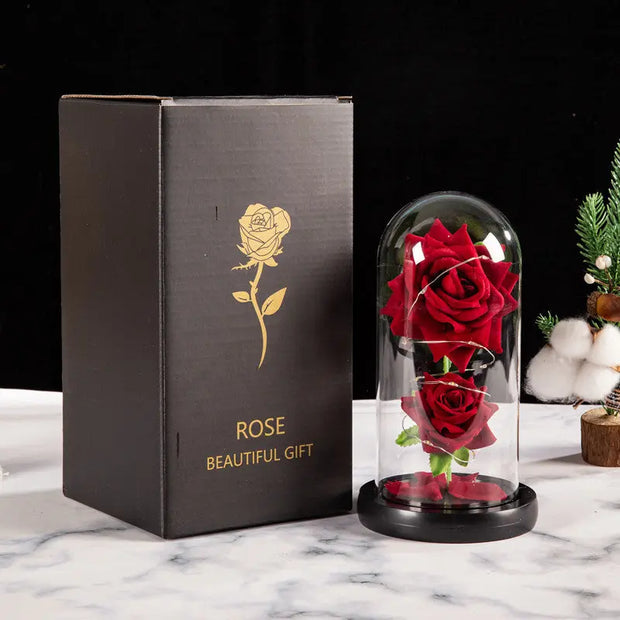 Christmas Valentine's Day Birthday Gift Two Roses Glass Cover Ornament LED Light Simulation Immortal Flower - Memoriex 