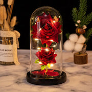 Christmas Valentine's Day Birthday Gift Two Roses Glass Cover Ornament LED Light Simulation Immortal Flower - Memoriex 