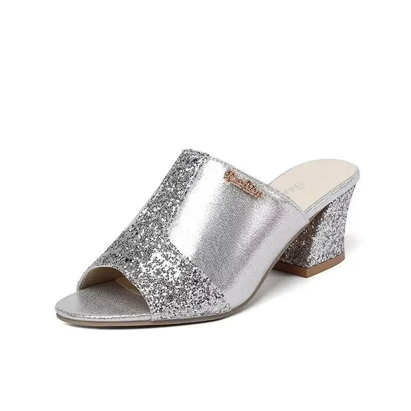 Chunky Heel Sequined Casual Plus Size Sandals - Memoriex 