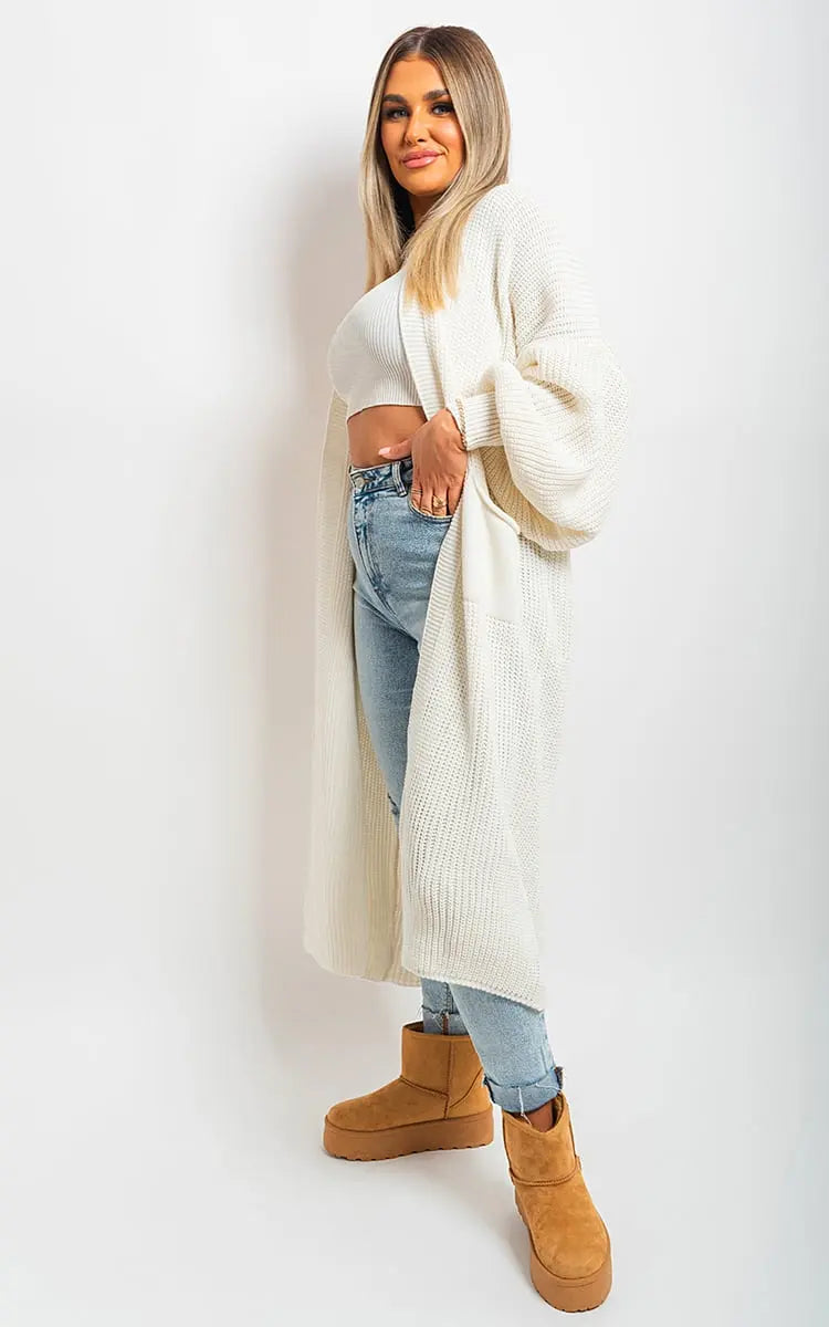 Chunky Knitted Balloon Sleeve Long Maxi Cardigan-10