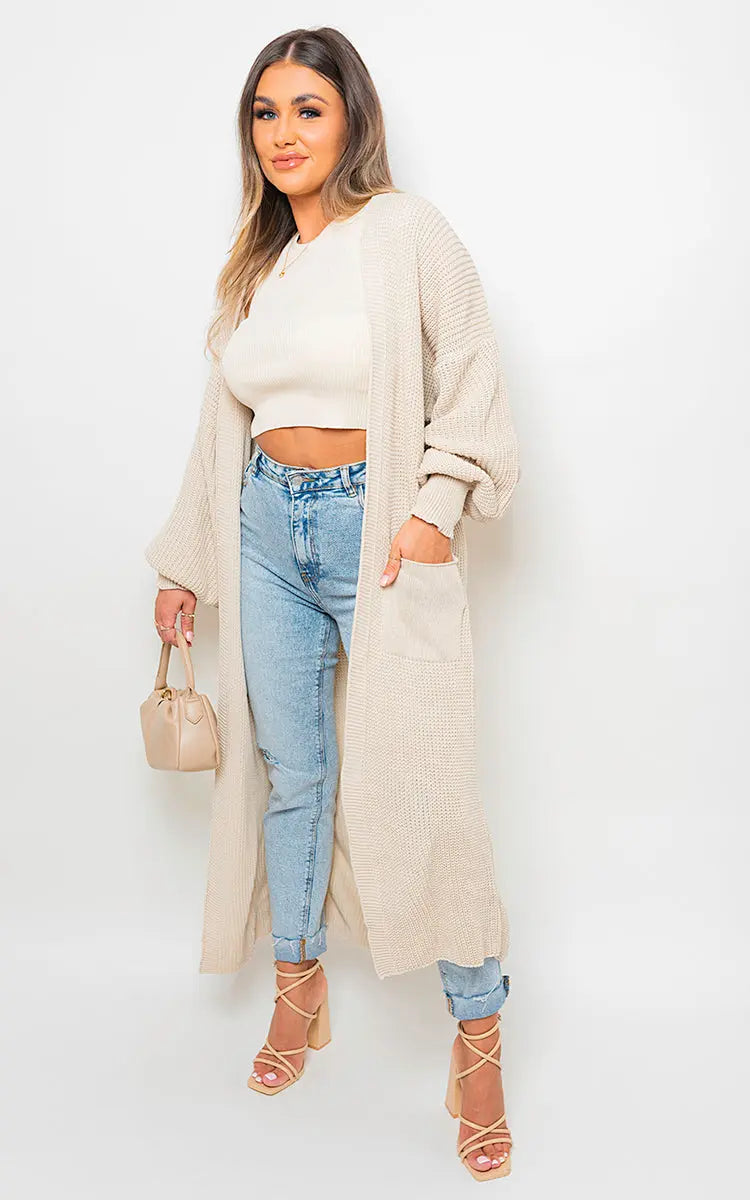 Chunky Knitted Balloon Sleeve Long Maxi Cardigan-11