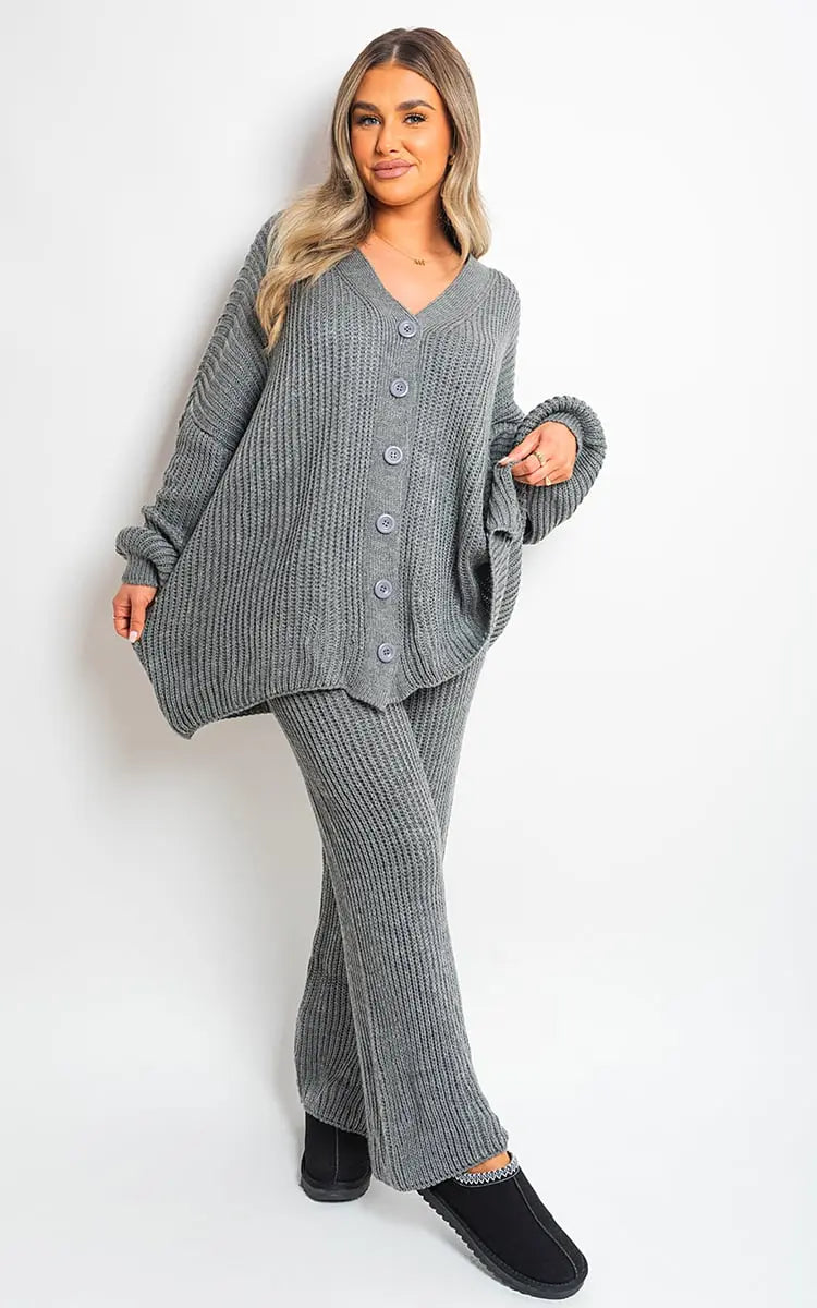 Chunky Knitted Button Up Cardigan Wide Leg Trousers Co-ord Set-7