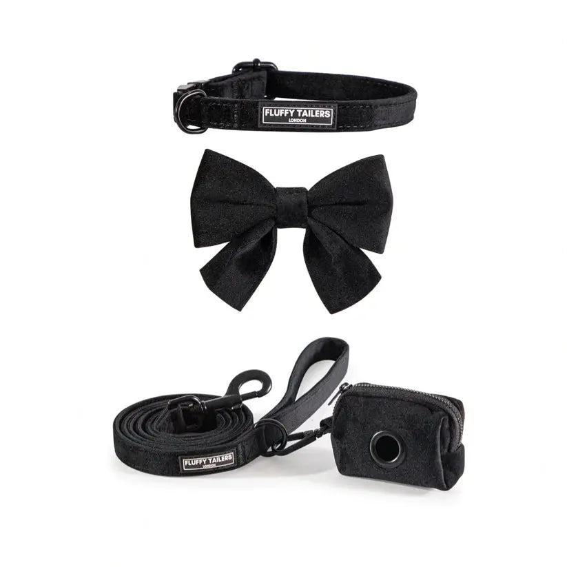 Classic Black Velvet Full Collection - Dog Collar, Bow Tie, Leash and Poop Bag Holder by Fluffy Tailers - Memoriex