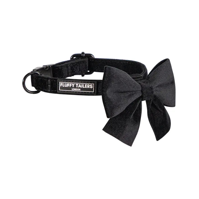 Classic Black Velvet Full Collection - Dog Collar, Bow Tie, Leash and Poop Bag Holder by Fluffy Tailers - Memoriex