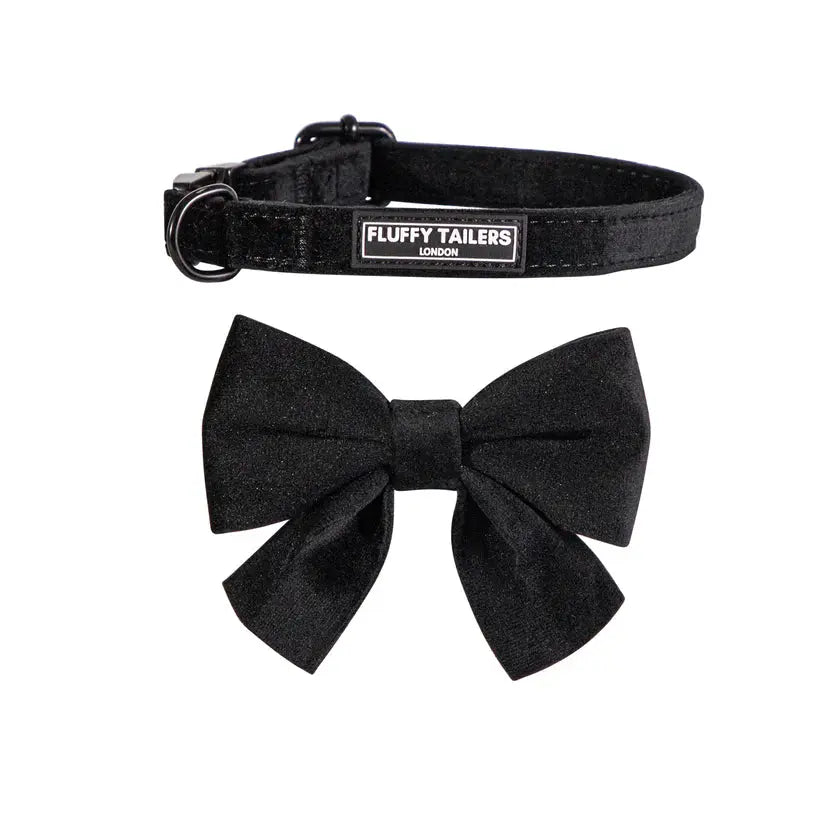 Classic Black Velvet Full Collection - Dog Collar, Bow Tie, Leash and Poop Bag Holder by Fluffy Tailers - Memoriex