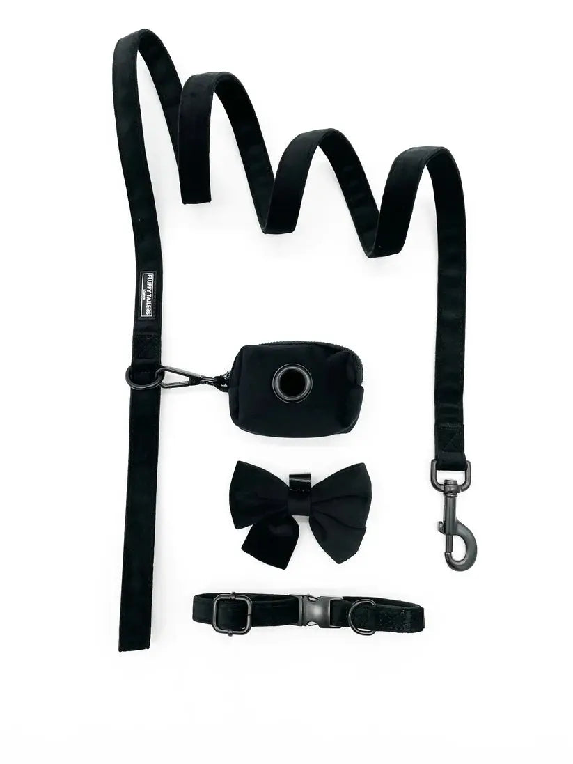 Classic Black Velvet Full Collection - Dog Collar, Bow Tie, Leash and Poop Bag Holder by Fluffy Tailers - Memoriex